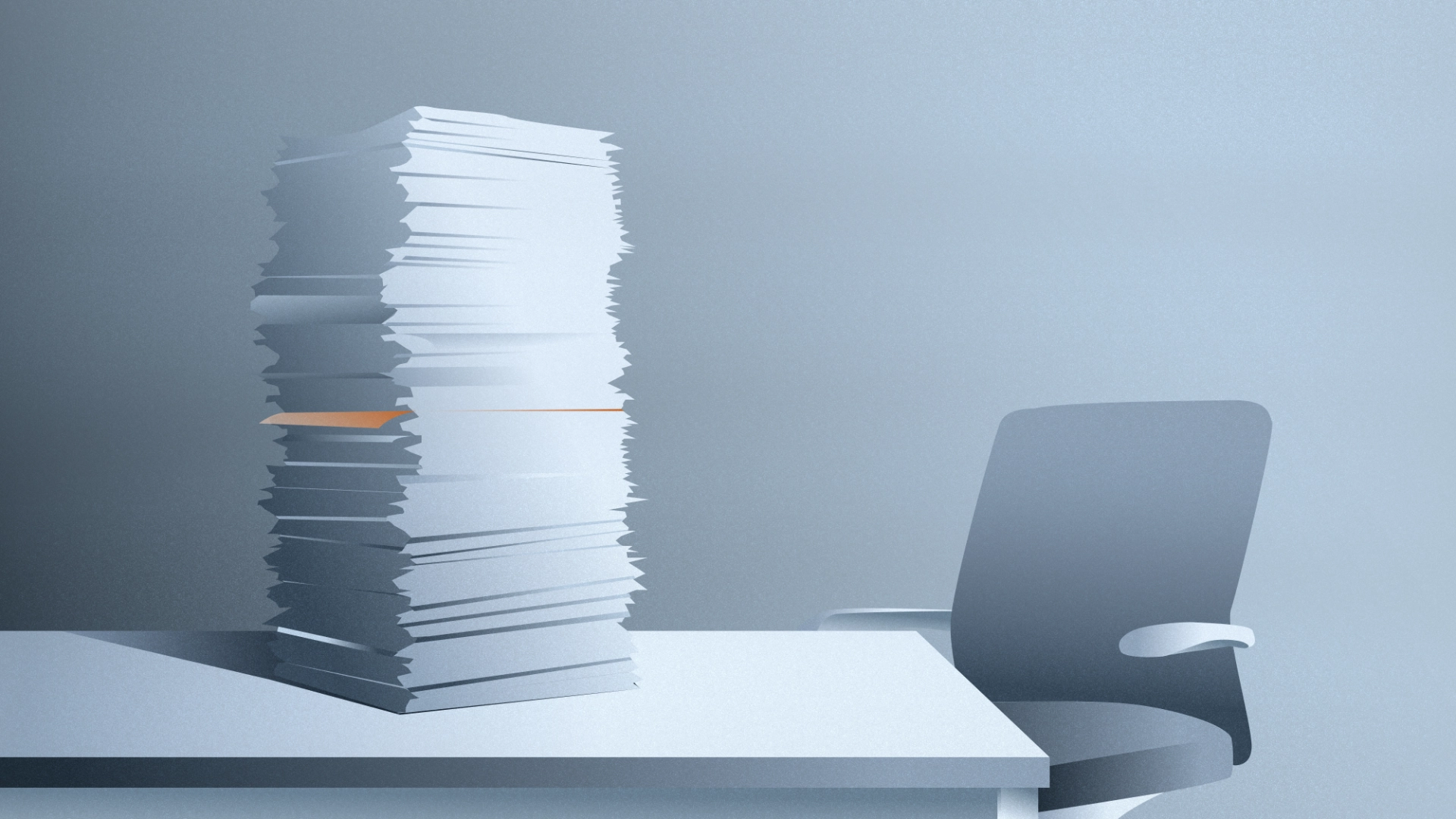 Une pile de documents envahissante avec une feuille orange enfouie au milieu, sur un bureau vide